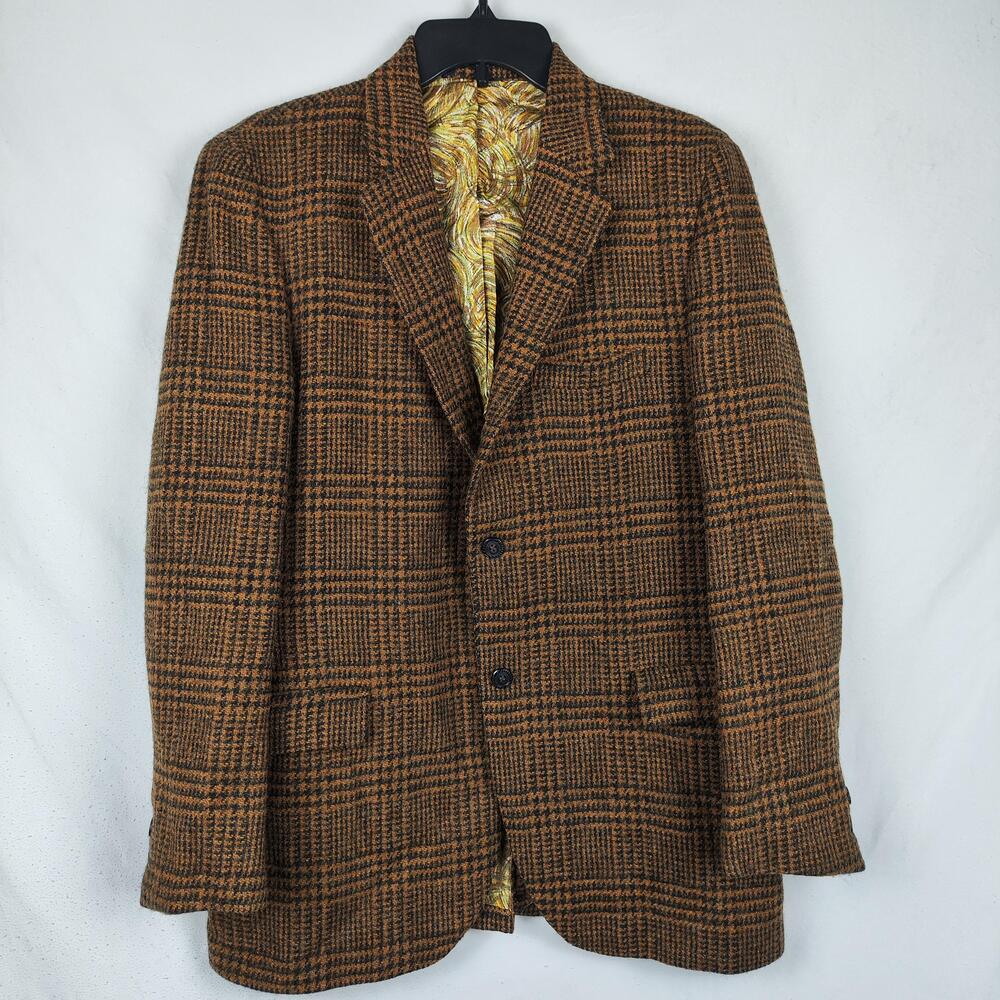 Vintage Harris Tweed Blazer Mens 40 Brown Plaid Wool Sport Coat Tweed Check